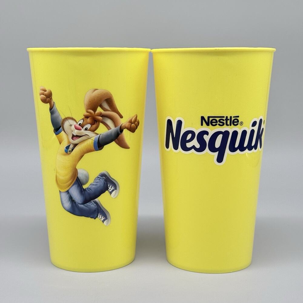 Set Of 2 Nestle Nesquik Bunny Yellow Plastic Tumbler Cups 6.5" Tall